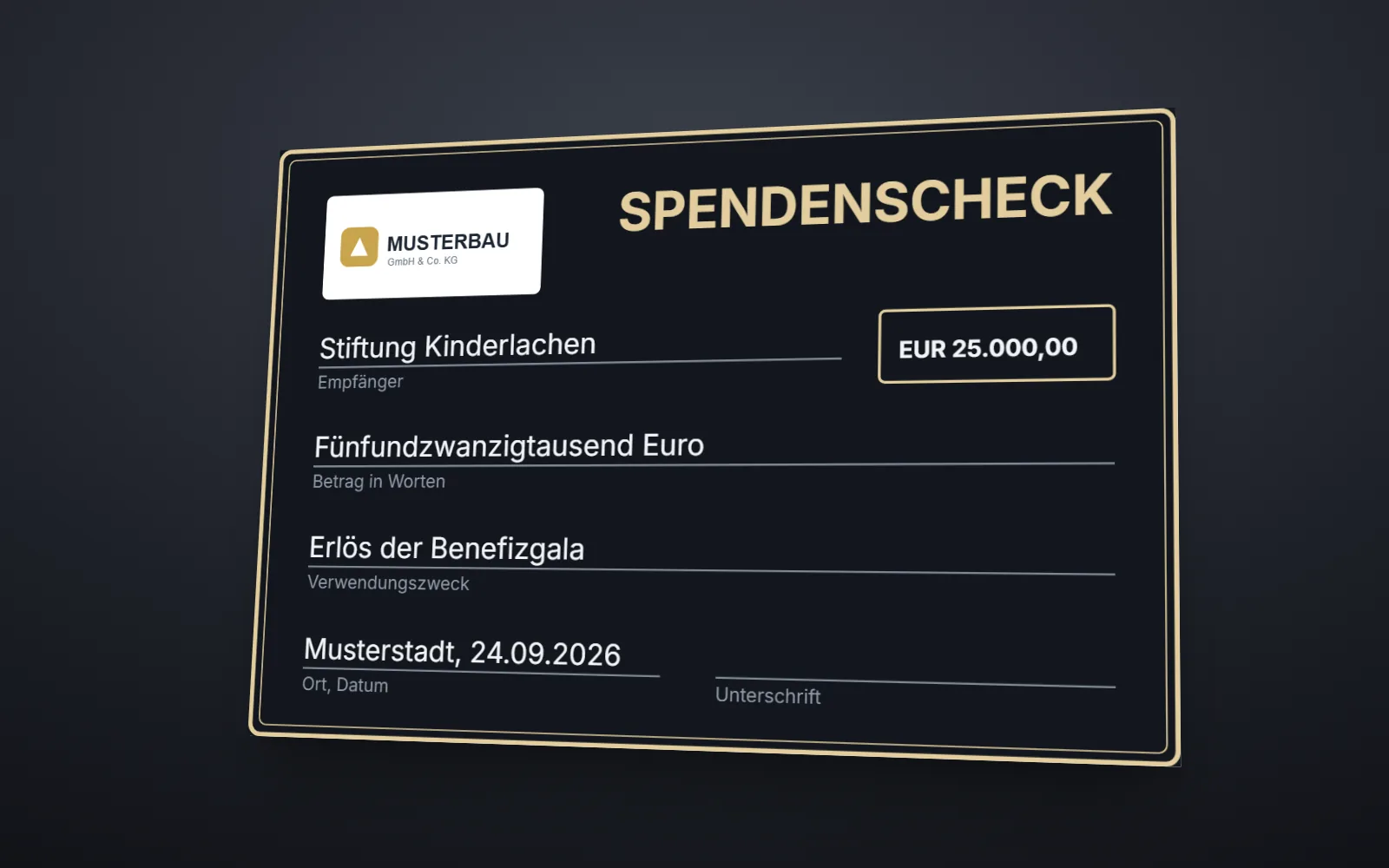 Spendenscheck im dunklen Gala-Design mit goldenem Rahmen und Betrag 25.000 Euro