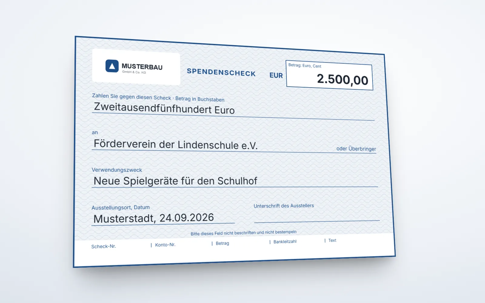 XXL-Scheck im klassischen Bankscheck-Design mit Betrag 2.500 Euro
