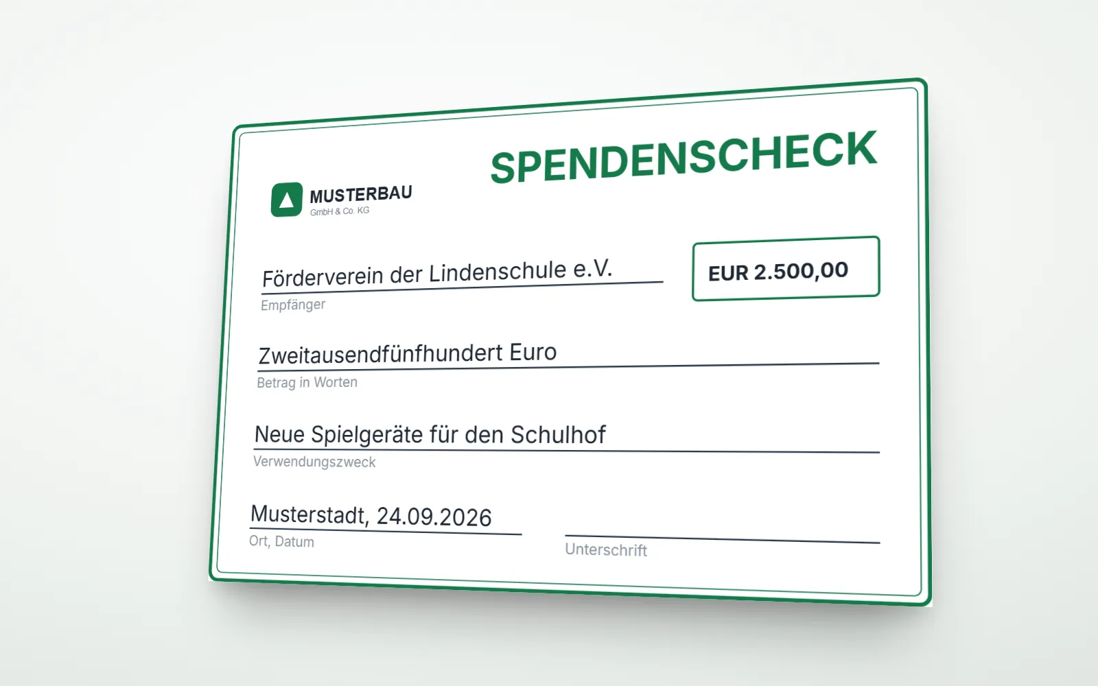 Gedruckter Spendenscheck als Hartschaumplatte im Format 90 x 60 cm mit Logo, Betrag 2.500 Euro und Empfänger